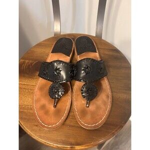 Jack Rogers Black Leather T Strap Slip On Flat Thong Sandals Womens Size 9